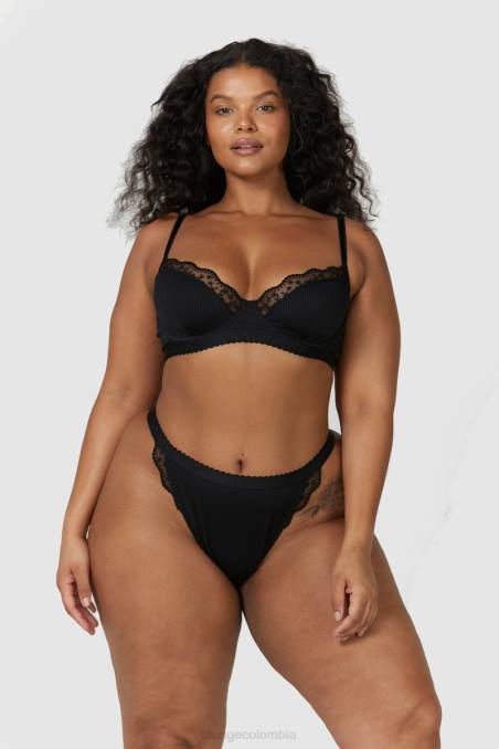 Conjunto de sujetador balconette de canalé y tanga/braguitas mujer negro Lounge ropa interior R88Z73