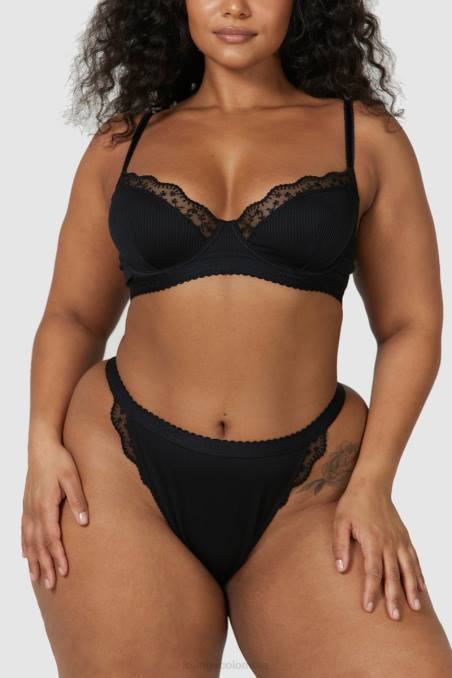 Conjunto de sujetador balconette de canalé y tanga/braguitas mujer negro Lounge ropa interior R88Z73