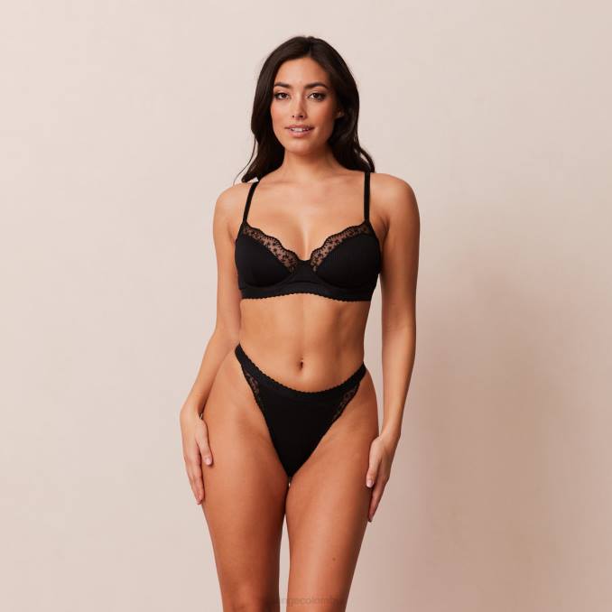 Conjunto de sujetador balconette de canalé y tanga/braguitas mujer negro Lounge ropa interior R88Z73