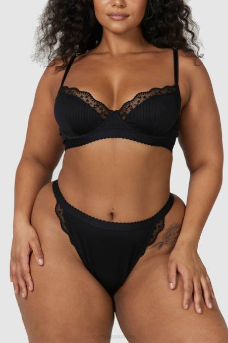 Conjunto de sujetador balconette de canalé y tanga/braguitas mujer negro Lounge ropa interior R88Z73