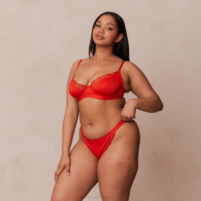 Conjunto de sujetador balconette de canalé y tanga/braguitas mujer rojo Lounge ropa interior R88Z131
