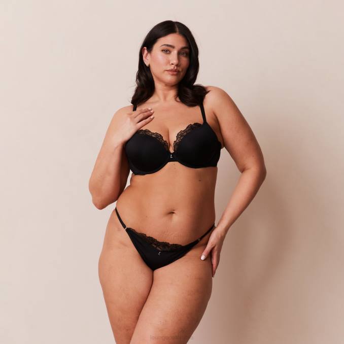 Conjunto de sujetador push-up antigravedad y tanga/braguita mujer negro Lounge ropa interior R88Z70