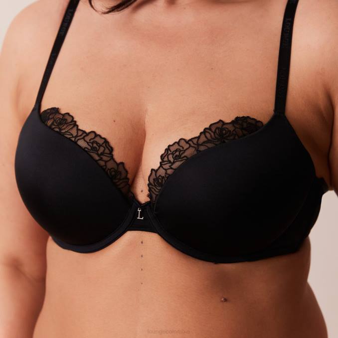Conjunto de sujetador push-up antigravedad y tanga/braguita mujer negro Lounge ropa interior R88Z70