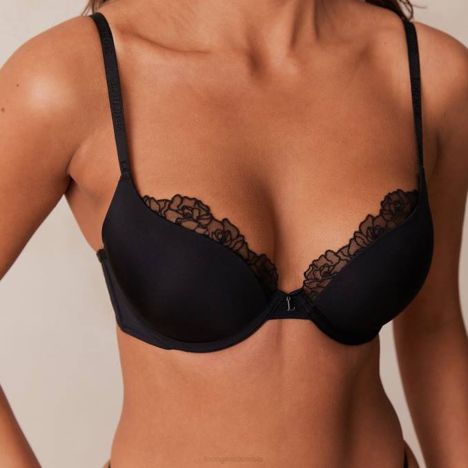 Conjunto de sujetador push-up antigravedad y tanga/braguita mujer negro Lounge ropa interior R88Z70