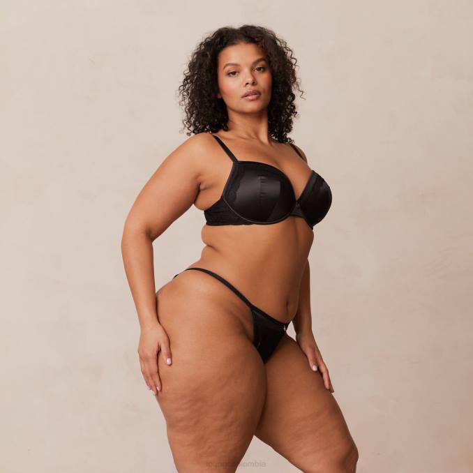 Conjunto de sujetador y tanga/braguitas de satén suave mujer negro Lounge ropa interior R88Z145