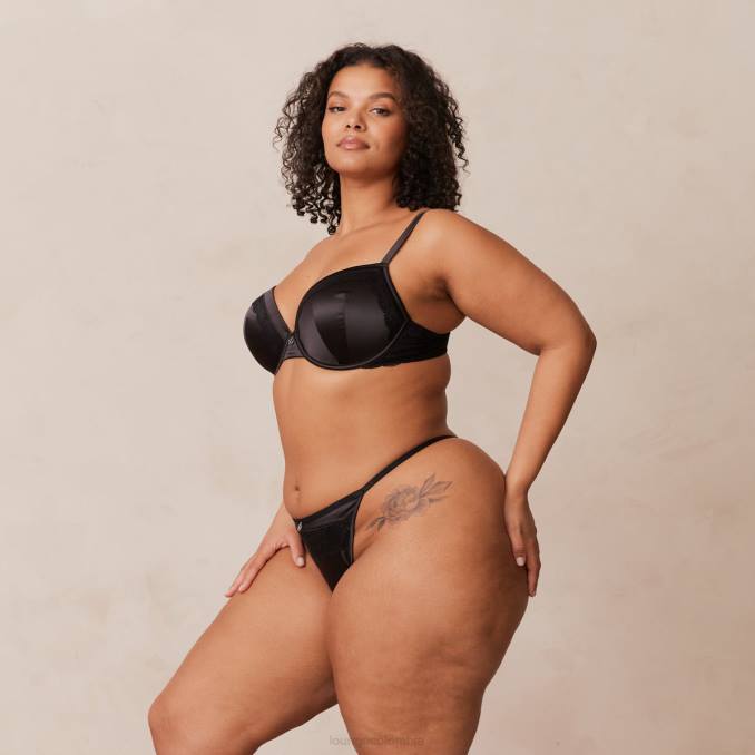 Conjunto de sujetador y tanga/braguitas de satén suave mujer negro Lounge ropa interior R88Z145