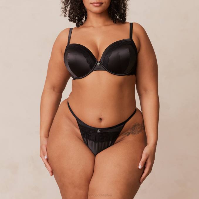 Conjunto de sujetador y tanga/braguitas de satén suave mujer negro Lounge ropa interior R88Z145