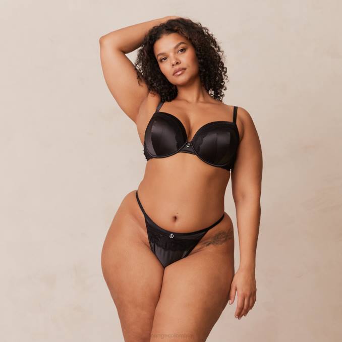 Conjunto de sujetador y tanga/braguitas de satén suave mujer negro Lounge ropa interior R88Z145