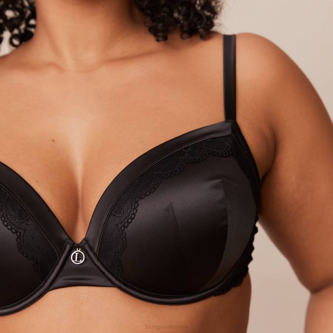 Conjunto de sujetador y tanga/braguitas de satén suave mujer negro Lounge ropa interior R88Z145