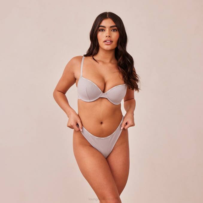 Conjunto de tanga y sujetador tipo camiseta de canalé tan suave mujer gris Lounge ropa interior R88Z42