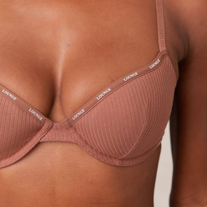 Conjunto de tanga y sujetador tipo camiseta de canalé tan suave mujer moca Lounge ropa interior R88Z10