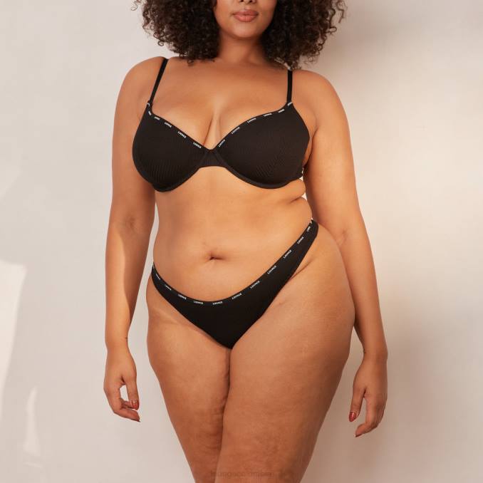 Conjunto de tanga y sujetador tipo camiseta de canalé tan suave mujer negro Lounge ropa interior R88Z13