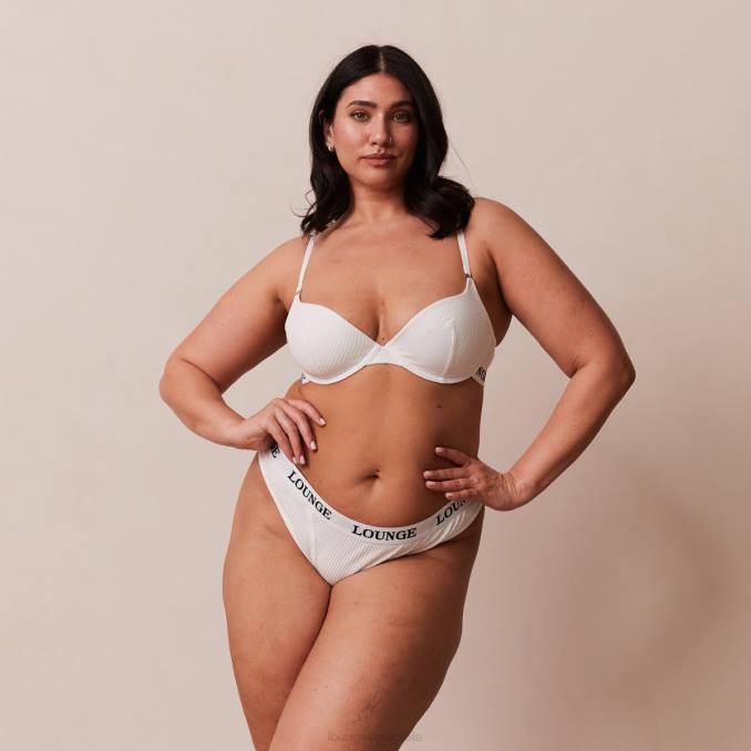 Conjunto de tanga y sujetador tipo camiseta de canalé ultra cómodo mujer blanco Lounge ropa interior R88Z86