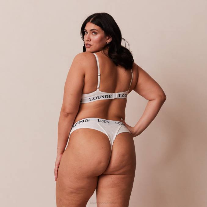 Conjunto de tanga y sujetador tipo camiseta de canalé ultra cómodo mujer blanco Lounge ropa interior R88Z86