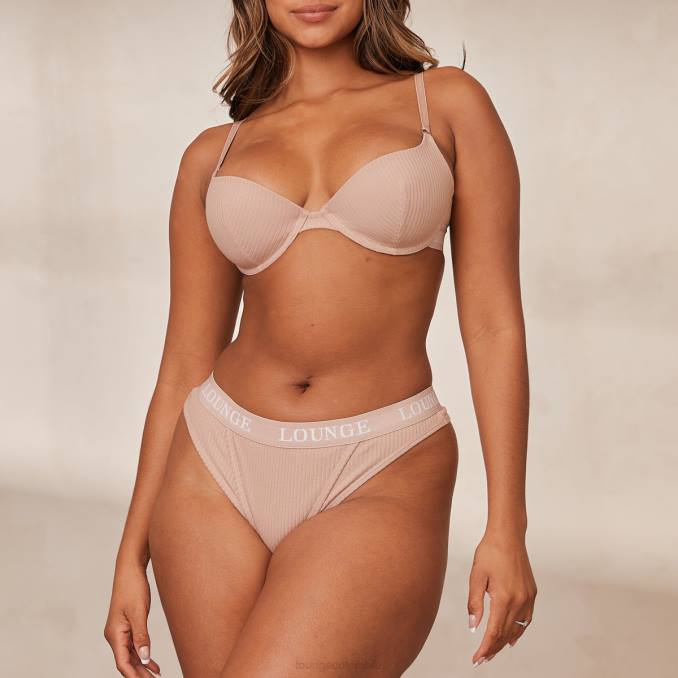 Conjunto de tanga y sujetador tipo camiseta de canalé ultra cómodo mujer gris pardo Lounge ropa interior R88Z77