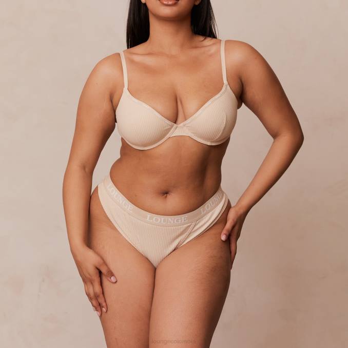 Conjunto de tanga y sujetador tipo camiseta de canalé ultra cómodo mujer latté Lounge ropa interior R88Z80