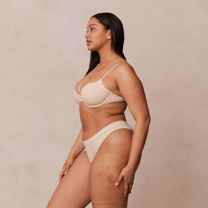 Conjunto de tanga y sujetador tipo camiseta de canalé ultra cómodo mujer latté Lounge ropa interior R88Z80