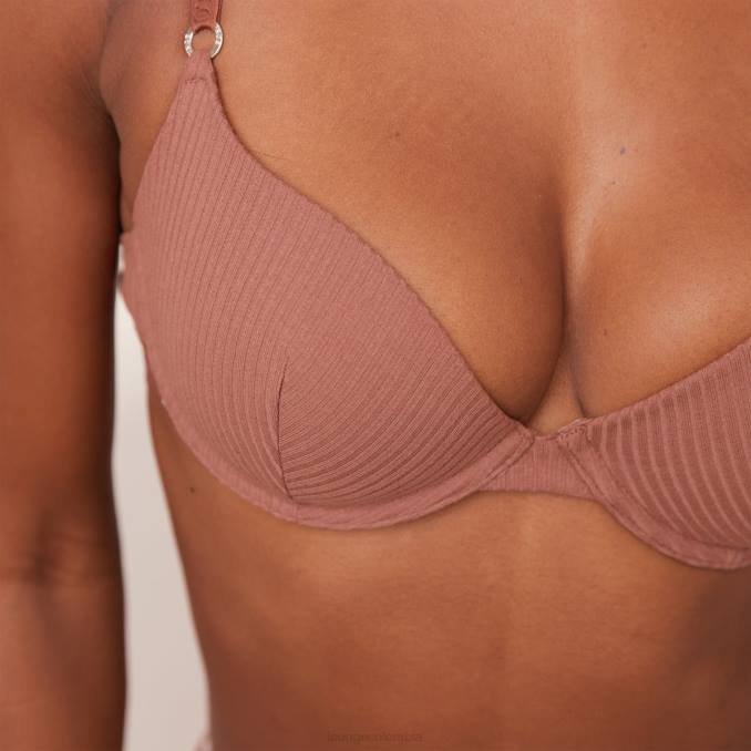 Conjunto de tanga y sujetador tipo camiseta de canalé ultra cómodo mujer moca Lounge ropa interior R88Z40