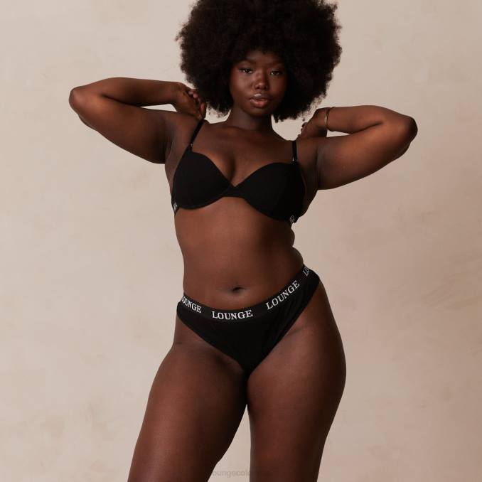 Conjunto de tanga y sujetador tipo camiseta de canalé ultra cómodo mujer negro Lounge ropa interior R88Z64