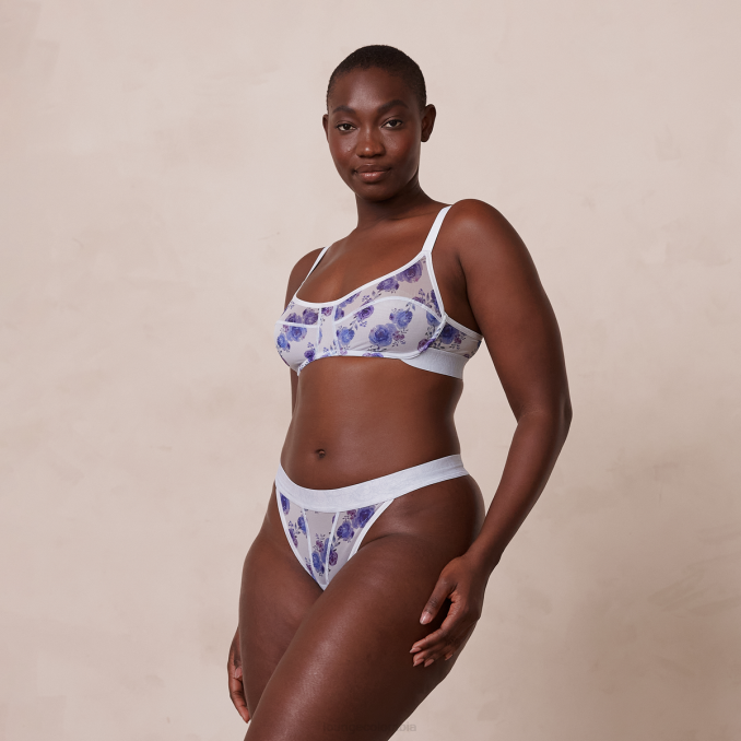 conjunto de tanga y sujetador de malla floral mujer azul Lounge ropa interior R88Z85
