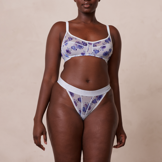 conjunto de tanga y sujetador de malla floral mujer azul Lounge ropa interior R88Z85