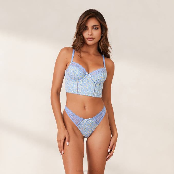 conjunto de tanga y sujetador largo dulce mujer flores azules Lounge ropa interior R88Z144