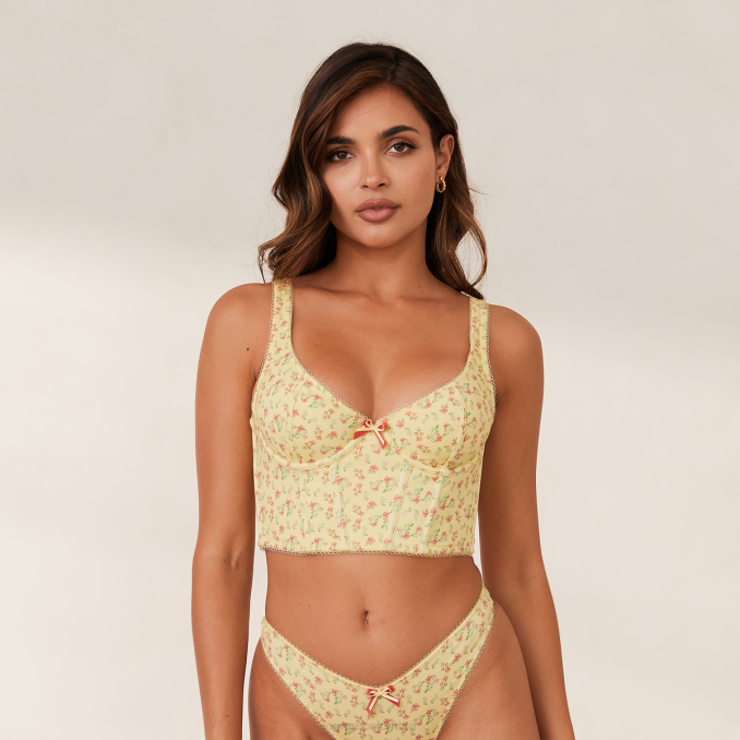 dulce conjunto de sujetador largo y tanga mujer flores de limon Lounge ropa interior R88Z139