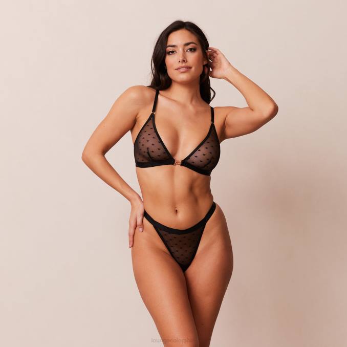 Conjunto de sujetador triangular de malla y tanga/braguitas Love Heart mujer negro Lounge ropa interior R88Z192