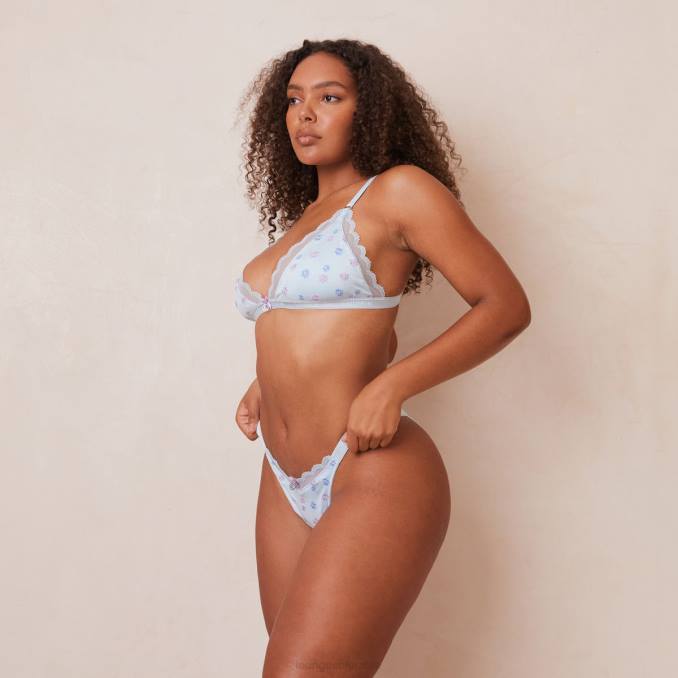 Conjunto de sujetador triangular floral de canalé y tanga/braguitas mujer azul Lounge ropa interior R88Z224